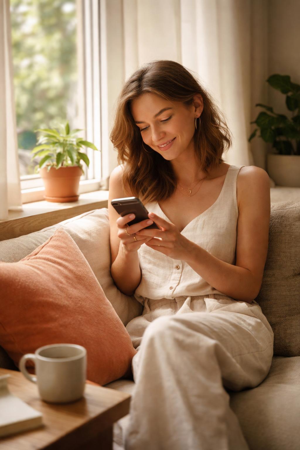 A woman chatting with Drezily's AI assistant on her phone