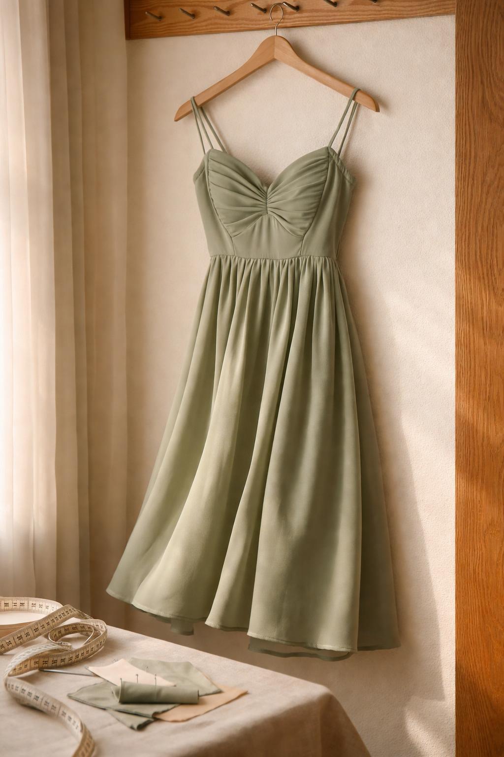 A sage-green dress studied closely on a hanger with a tape measure and fabric swatches nearby