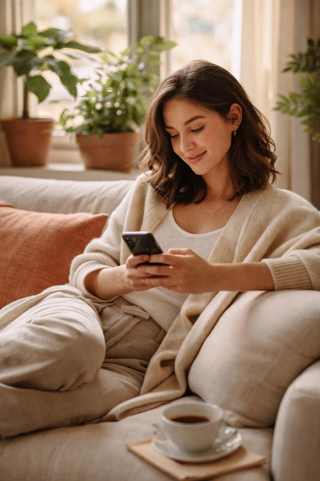 A woman relaxing by a sunlit window chatting with the Drezily assistant on her phone