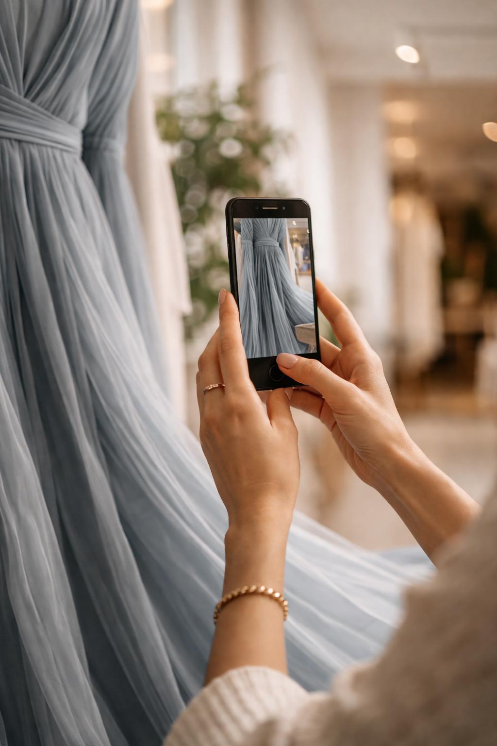A woman's hands holding a phone up to a dusty-blue dress to search for it visually