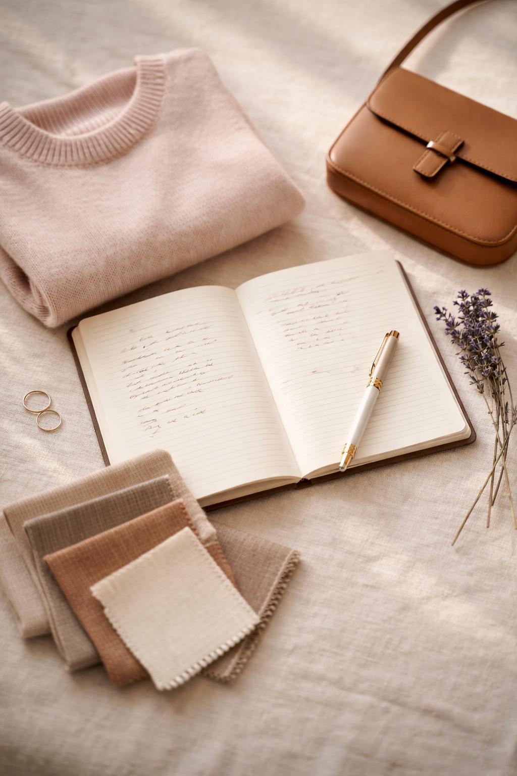 A tidy flat-lay of a style notebook, folded sweater, leather accessory and fabric swatches