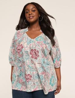 Knit & Woven Elbow-Sleeve Seersucker Top