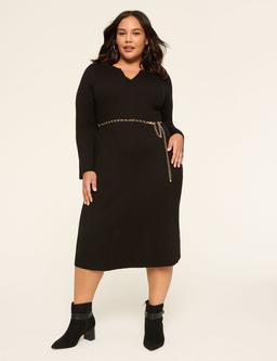 Bell-Sleeve Split-Neck Rib Sweater Dress