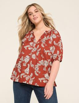 Elbow-Sleeve Tie-Neck Popover Blouse