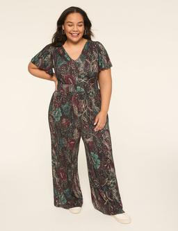Flutter-Sleeve Smocked-Waist Jumpsuit