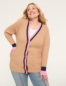 Long-Sleeve Button-Front Stripe-Trim Cardigan