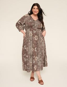 3/4-Sleeve Elastic-Waist Maxi Dress