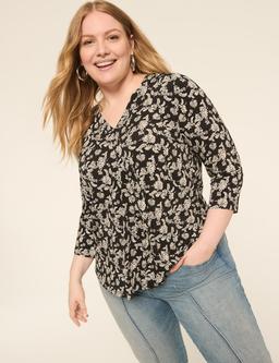 Swing 3/4-Sleeve Pleat-Front Top