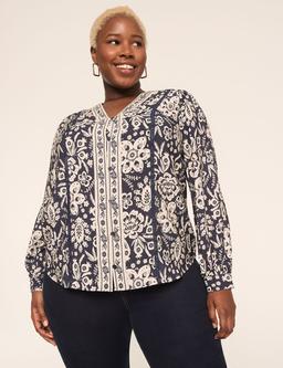 Split-Neck Button-Down Blouse