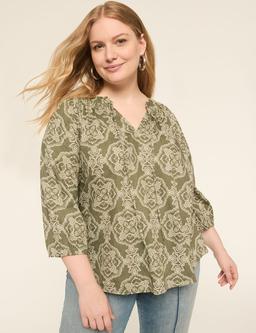 Swing 3/4-Sleeve Split-Neck Popover Blouse