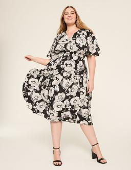 Surplice-Neck Elbow-Sleeve Midi Dress