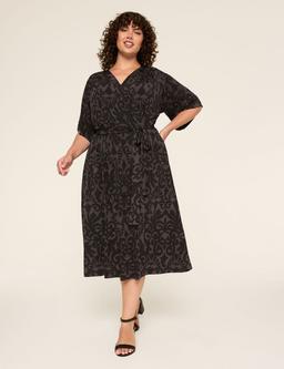 Kimono-Sleeve Faux-Wrap Jersey Midi Dress