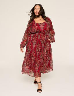 Long-Sleeve Scoop-Neck Midi Dress