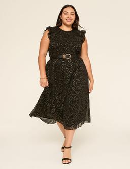 Foil Shimmer Flutter-Sleeve Smocked-Bodice Midi Dress