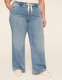 Pull-On Knit Denim High-Rise Wide Leg Jean