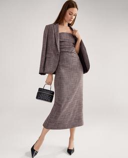 Gathered Strapless Midi Dress in Plaid