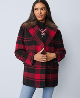 Weekend Collection Plaid Faux Fur Trimmed Peacoat