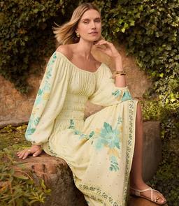 Border Floral Smocked Waist Midi Dress