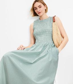 Striped Poplin Smocked Midi Pocket Dress