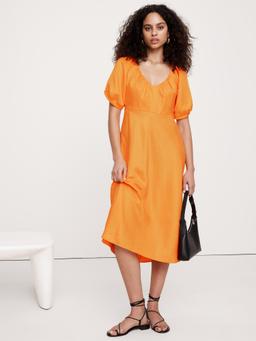 Viscose-Linen Ruched Long Midi Dress