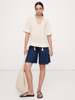 Gauze Tassel-Tie Popover Shirt