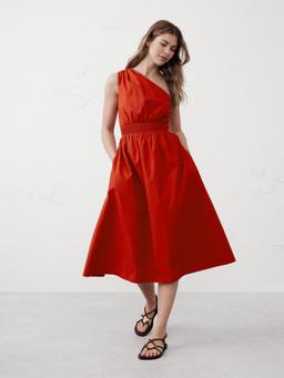 One-Shoulder Poplin Midi Dress
