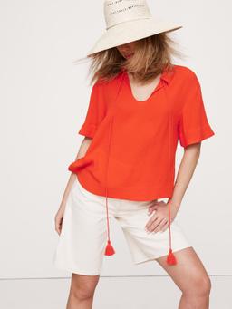 Gauze Tassel-Tie Popover Shirt