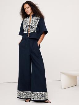 High-Rise Wide-Leg Embroidered Tencel™-Linen Pull-On Pant
