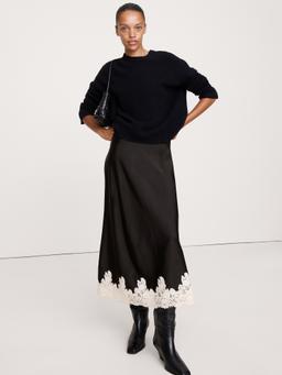 Stretch-Satin Lace-Hem Midi Skirt