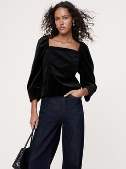 Cotton Velvet Puff-Sleeve Top