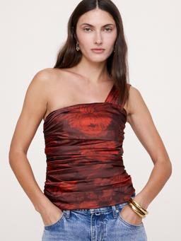 Stretch-Satin Ruched One-Shoulder Top