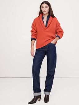 Merino-Cotton Shawl-Collar Sweater