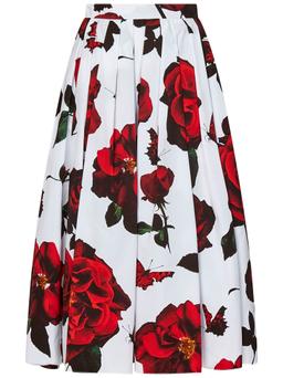 Alexander McQueen Tudor Rose Print Pleated Midi Skirt In Cotton Woman