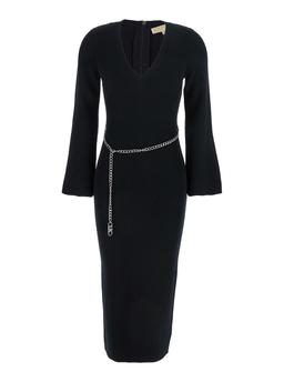 Michael Kors Black Dress With Chain Belt And Logo Plaque On The Rear In Wool Blend Stretch Woman