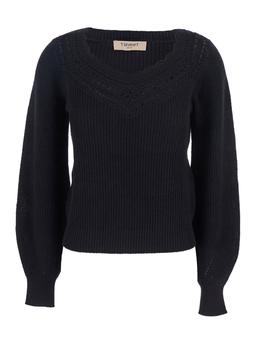 TwinSet Black Sweater With Embroidered Collar And Elastic Cuffs In Wool And Cotton Woman
