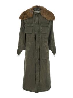 Blumarine Green Long Coat With Removable Fur Detail In Cotton Woman