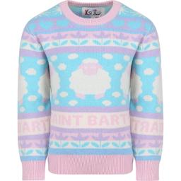 MC2 Saint Barth Light Blue Sweater For Girl With Logo And Jacqurd Motif