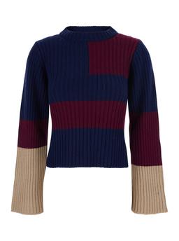 Merci Multicolor Crew Neck Sweater With Color Block Motif And Ribbed Design In Wool Woman