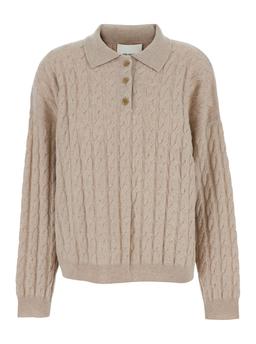 Lisa Yang magnolie Beige Cable Knit Polo Shirt-style Sweater With Classic Collar In Cashmere Woman