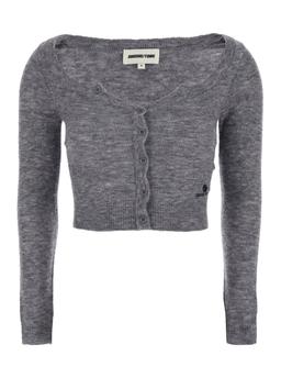 Shushu/Tong Grey Cardigan With Wide Round Neck And Logo Embroidery On The Front In Wool Blend Woman