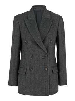 Brunello Cucinelli Grey Double-breasted Jacket With Herringbone Pattern In Wool Woman
