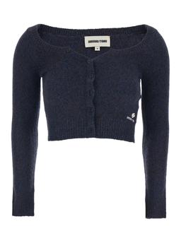 Shushu/Tong Blue Cardigan With Wide Round Neck And Logo Embroidery On The Front In Wool Blend Woman