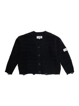 MM6 Maison Margiela Black Cardigan With V Neck And Logo Patch On The Front In Wool Blend Boy