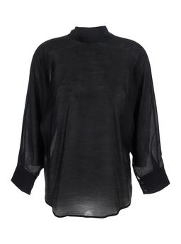 Merci Black Shirt With Pussybow Collar And Buttoned Cuffs In Fabric Woman