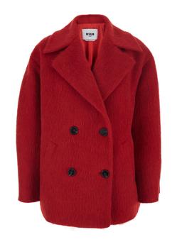 MSGM Red Double-breasted Coat With Wide Notched Revers In Wool Blend Woman
