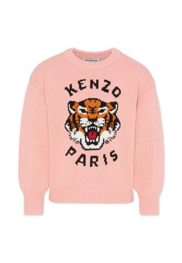 Kenzo Kids Pink Sweater For Girl With Lucky Tiger