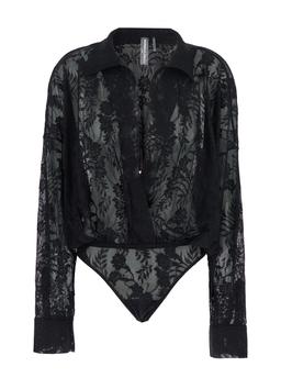 Norma Kamali Black Bodysuit With Plunging V Neck And All-over Floral Embroidery In Tech Fabric Stretch Woman