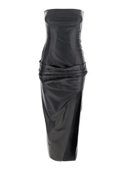 The Attico Black Sleeveless Off-shoulder Midi Dress With Front Single Slit And Ruched Waist In Leather Woman