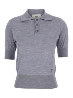 Ami Alexandre Mattiussi Grey Polo Shirt With Classic Collar And Logo Embroidery On The Front In Wool And Silk Woman
