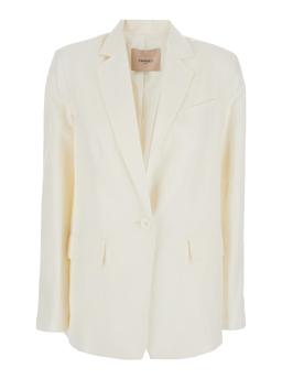 TwinSet White Single-breasted Jacket With Notched Revers And Dropped Shoulders In Linen Blend Woman